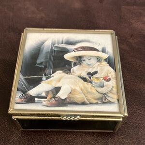 Enesco Metal Foil Reverse Little Girl with Long Stem Rose Trinket Box Mirror